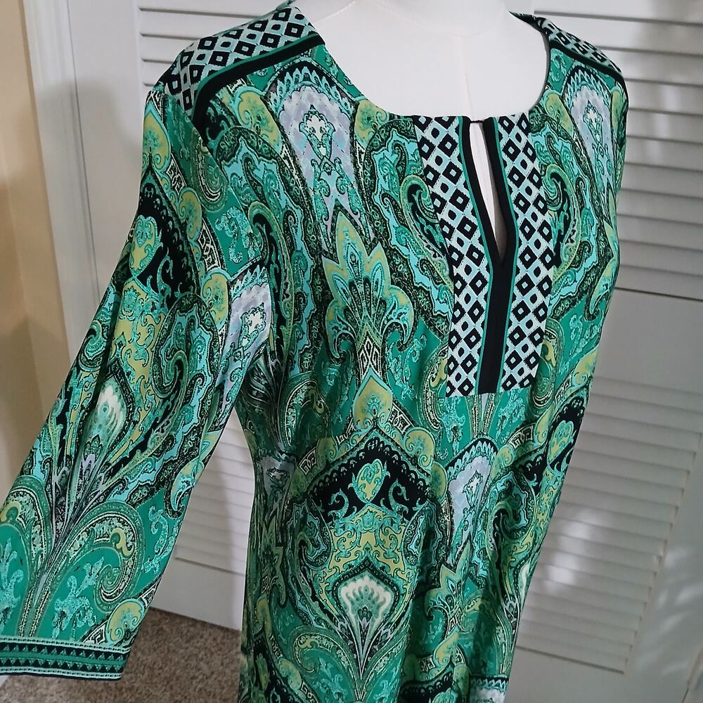 CB Established 1962 1/2 sleeve green paisley shift dress sz 14 EASY CARE